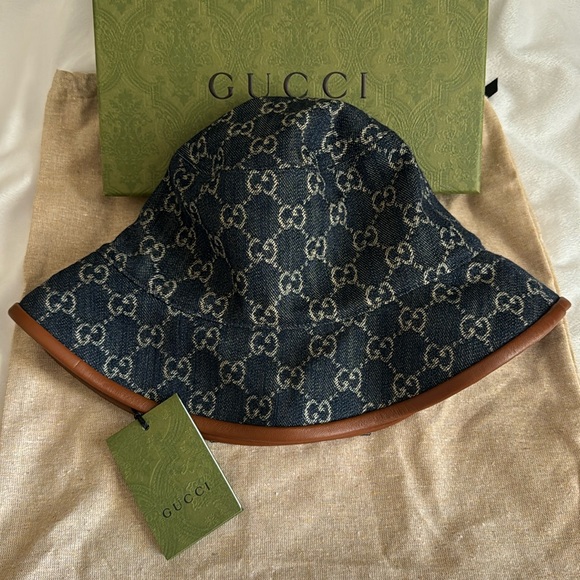 Gucci Bucket Hat Blue Denim Beige GG Monogram Logo Leather Trim Sz Med BNIB - Picture 8 of 8